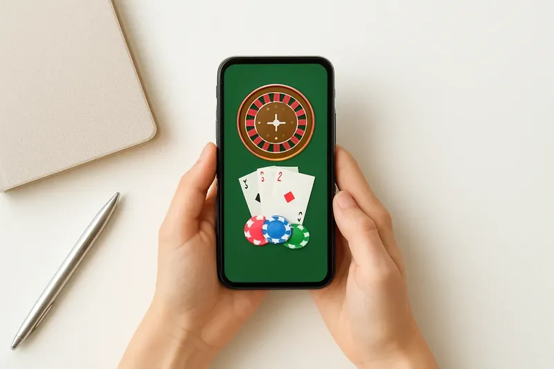 Aerial view of hands holding phone with casino app on white desk