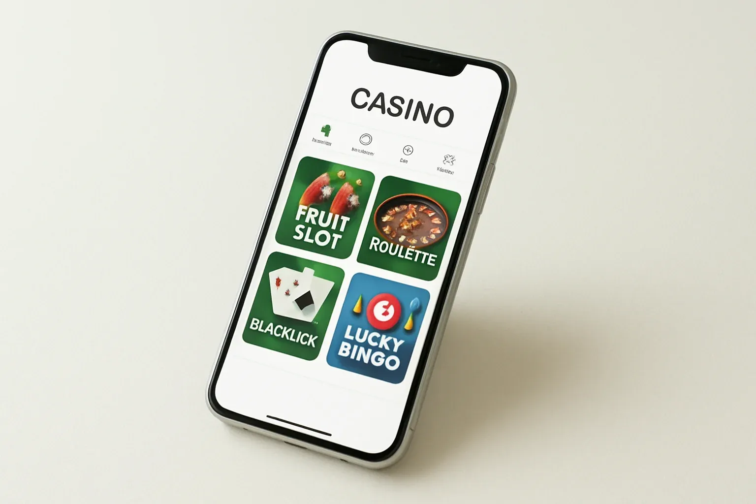 Smartphone showing light casino app interface on cream background