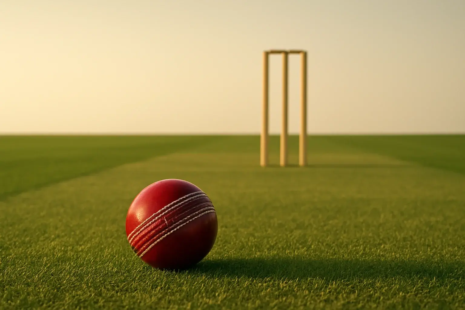 Red cricket ball on mown grass with stumps at dusk