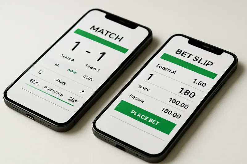 Two smartphones showing match dashboard and bet slip on cream surface