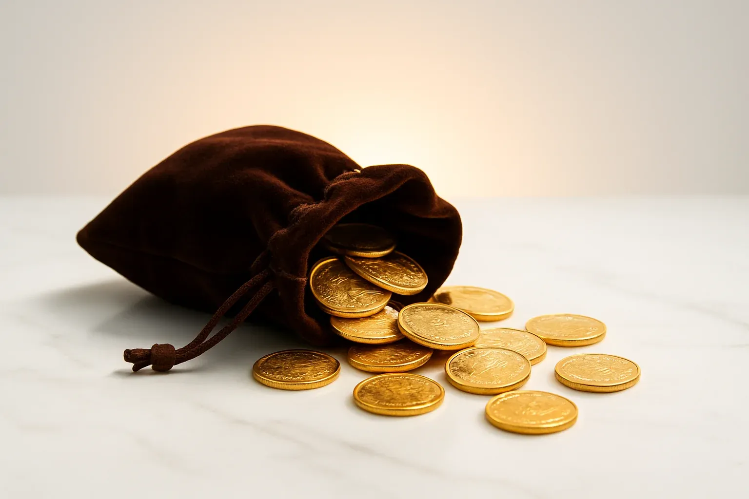 Golden coins spilling from velvet pouch on white marble surface