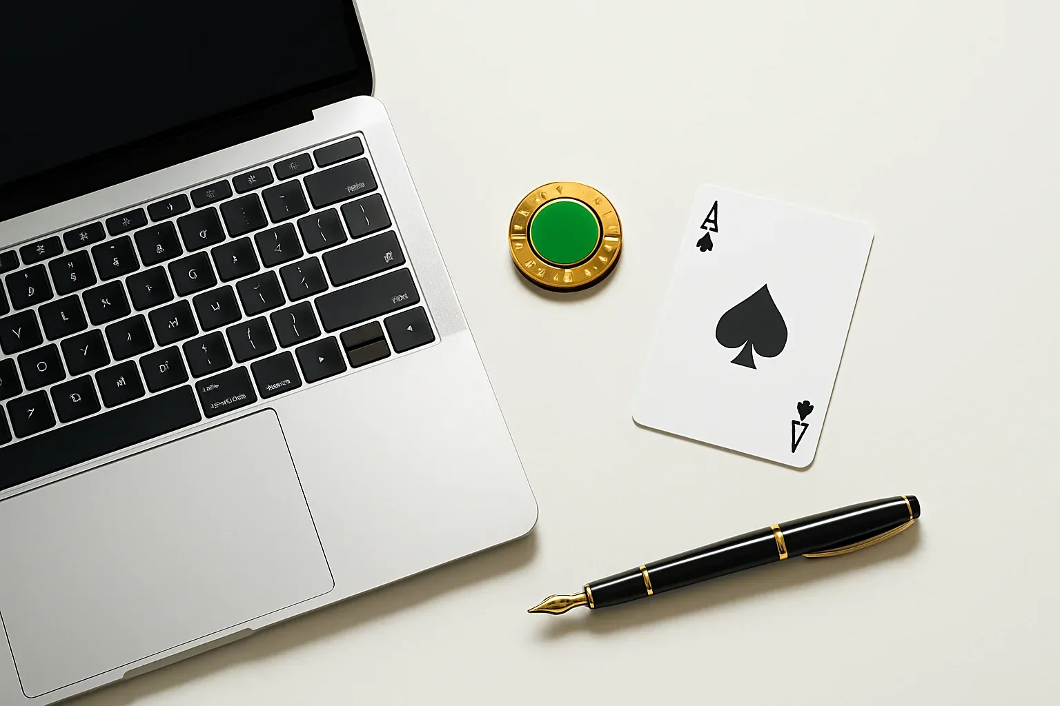 Overhead glass-top desk with laptop, casino chip, ace card, and pen