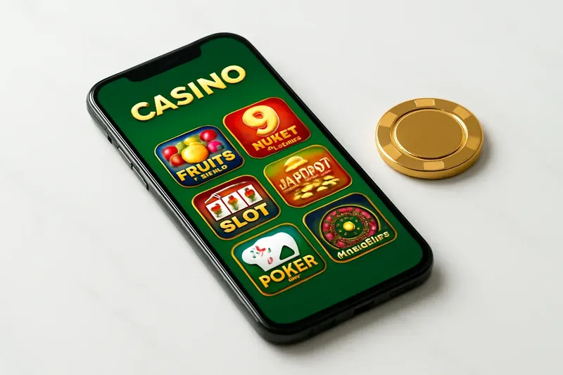 Smartphone on white marble showing colorful casino game lobby