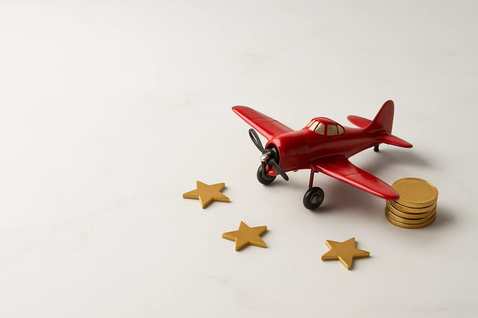 Miniature red airplane with gold coins and star tokens on marble
