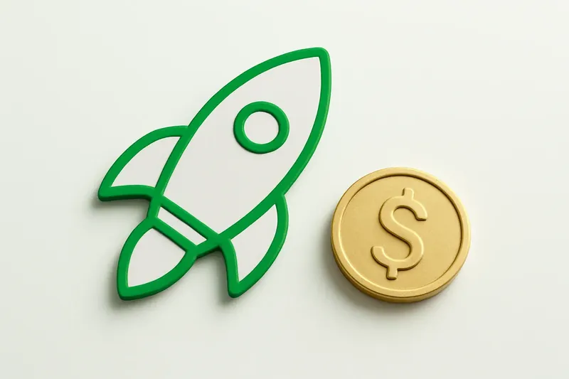 Minimalist rocket icon with gold coin on white background