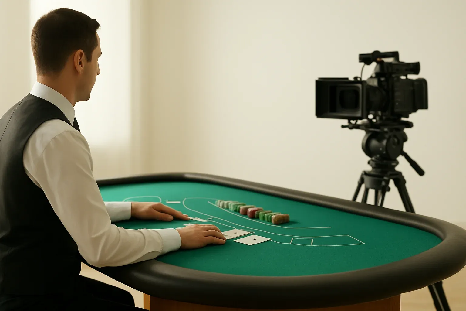 Side view of blackjack dealer in live casino studio