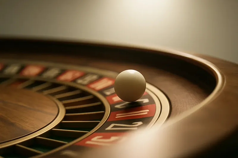 Roulette ball frozen mid-roll on wheel rim with blurred numbers